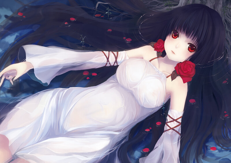 Anime Girl in Water — White, Serene, Night, Digital Art