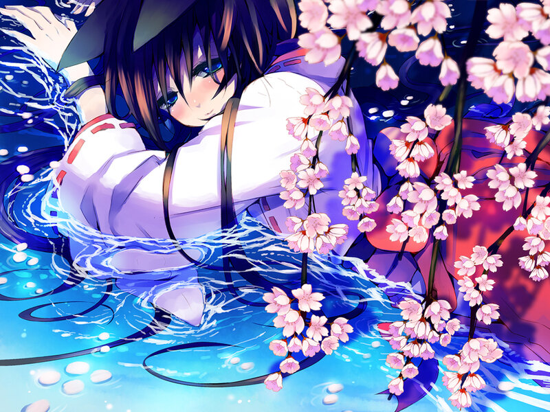 anime girl in water with cherry blossoms