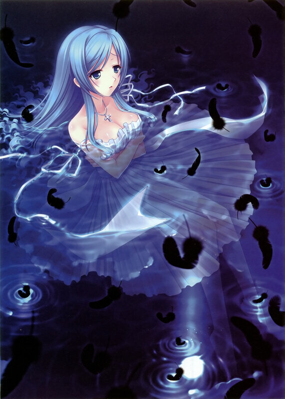 anime girl in water with feathers