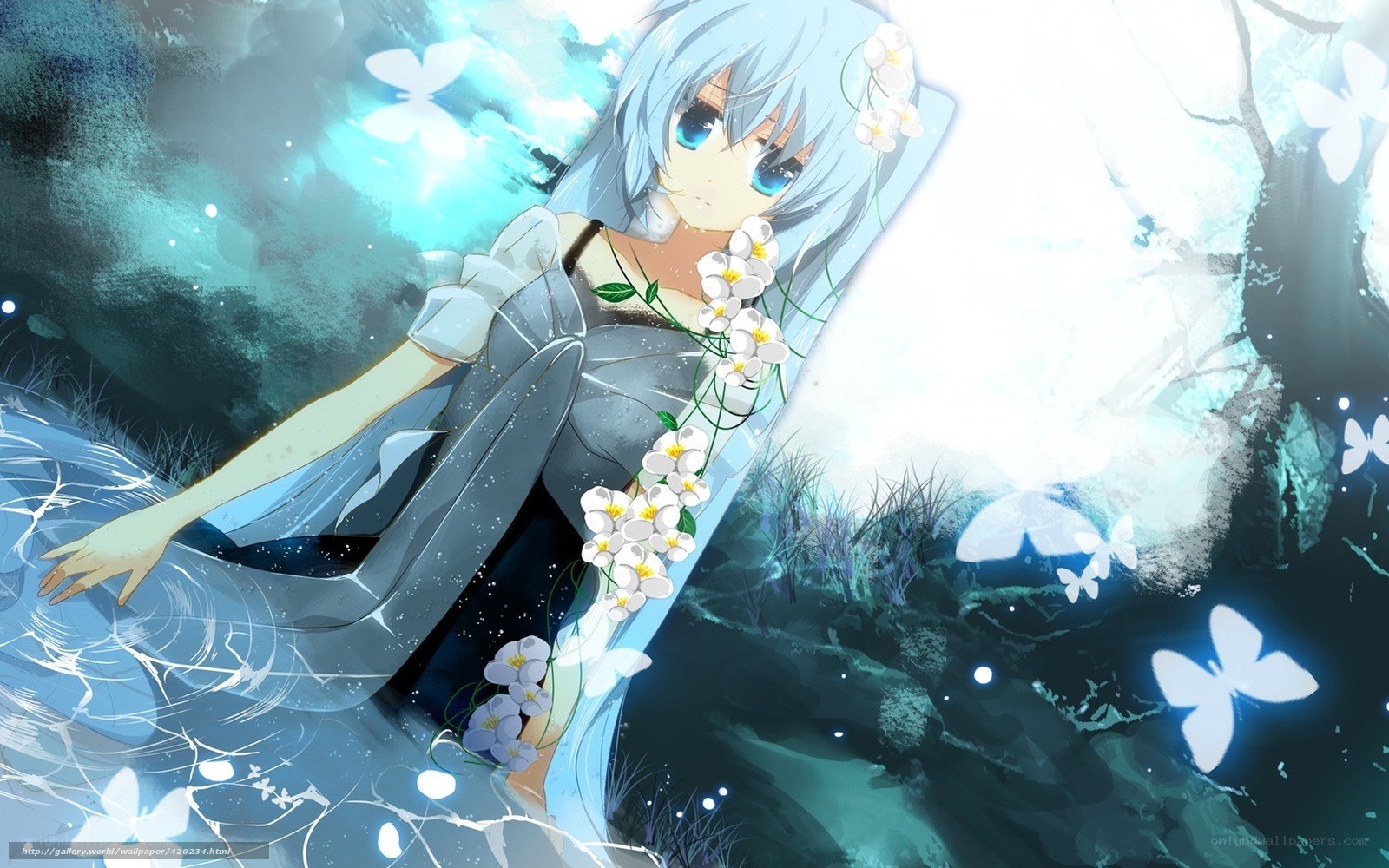 Anime girl in water with flowers