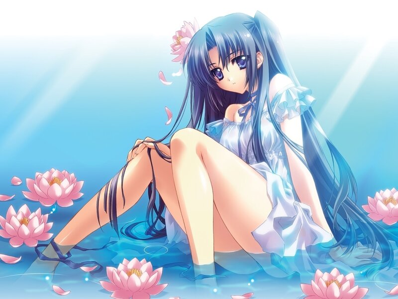 Anime girl in water with lotus flowers