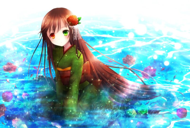 Anime girl in water with roses