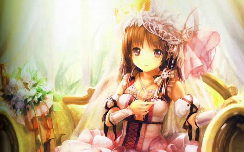 Anime Girl in Wedding Dress — Pink, Serene, Digital Art, Flower Bouquet, Chair, Veil