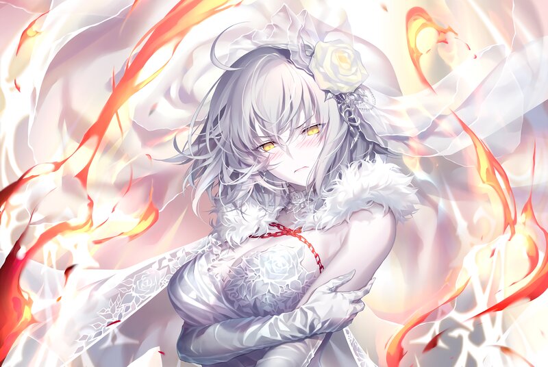 Anime Girl in Wedding Dress — White, Dramatic, Digital Art, Fire