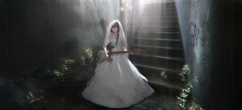 Anime Girl in Wedding Dress — White, Dramatic, Digital Art, Guitar