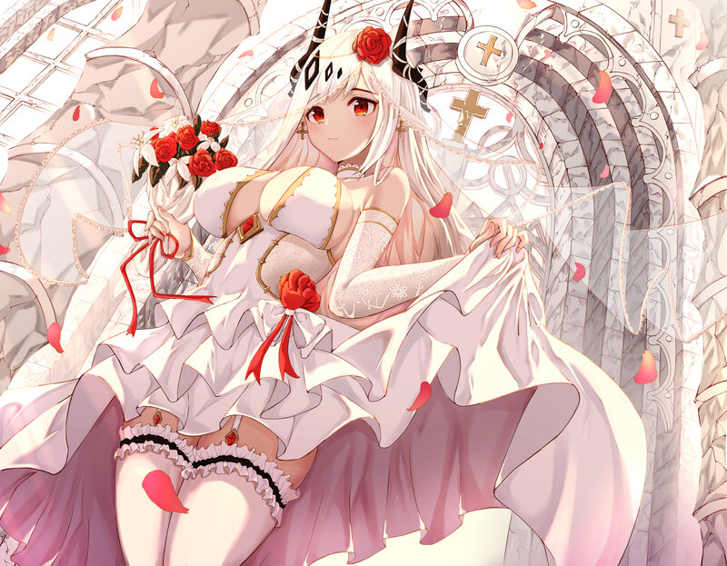 Anime Girl in Wedding Dress — White, Dramatic, Digital Art, Roses