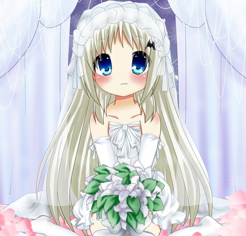 Anime Girl in Wedding Dress — White, Serene, Veil, Bouquet