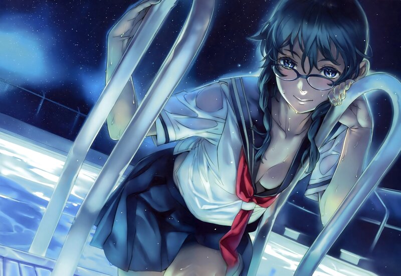 anime girl in wet school uniform