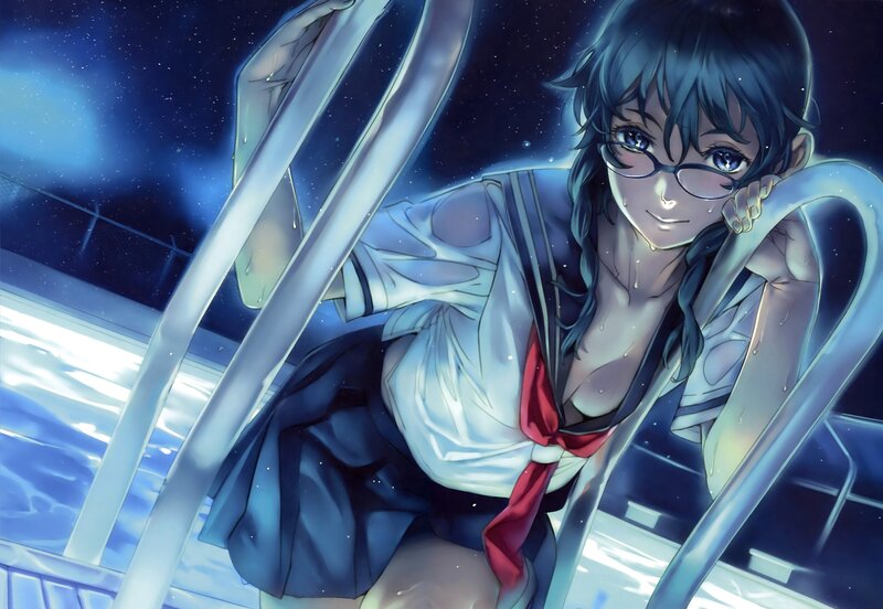anime girl in wet school uniform