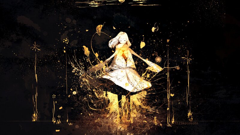 Anime Girl in White Dress — Black, Dramatic, Night, Digital Art, Splatter