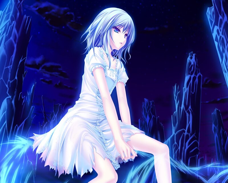 Anime Girl in White Dress — Blue, Dramatic, Night, Digital Art, Crystal Formations