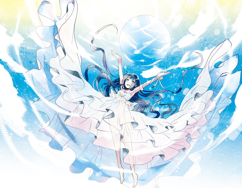 Anime Girl in White Dress — Blue, Dreamy, Digital Art, Long Hair