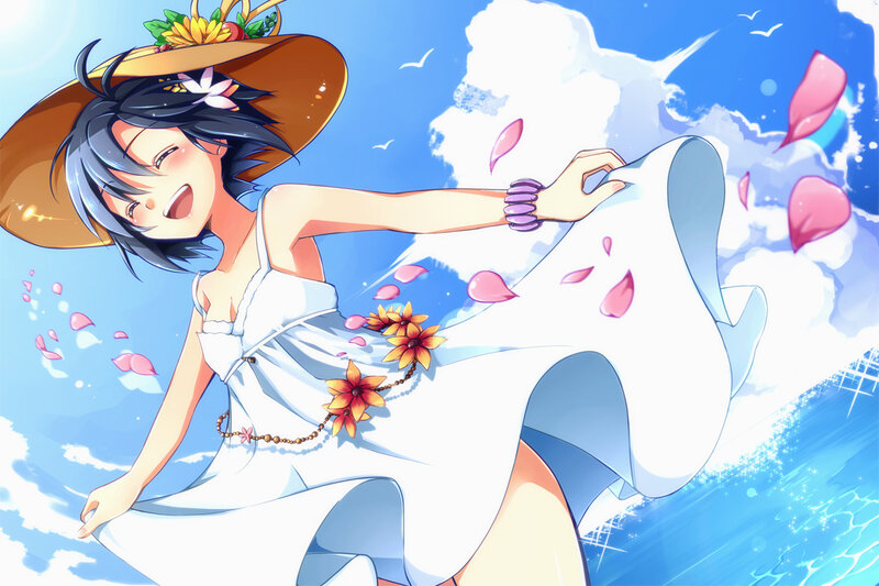 Anime Girl in White Dress — Blue, Joyful, Summer