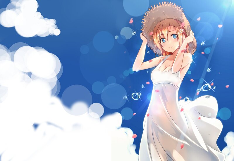 Anime Girl in White Dress — Blue, Serene, Afternoon, Clouds, Bubbles