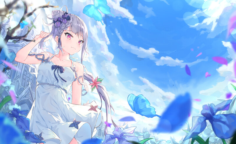 Anime Girl in White Dress — Blue, Serene, Afternoon, Digital Art, Butterflies