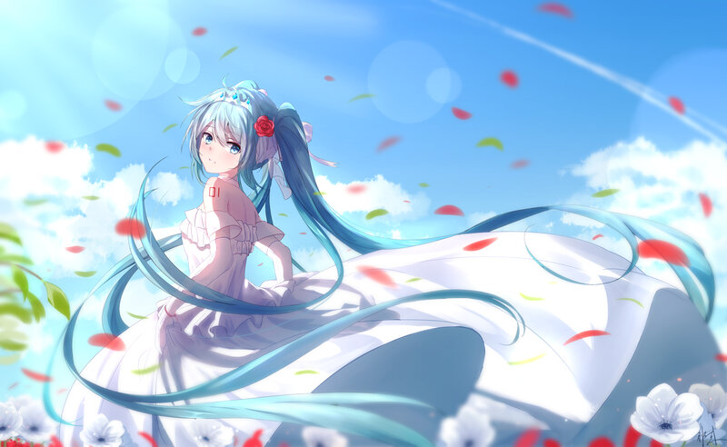 Anime Girl in White Dress — Blue, Serene, Afternoon, Digital Art, Flower Petals