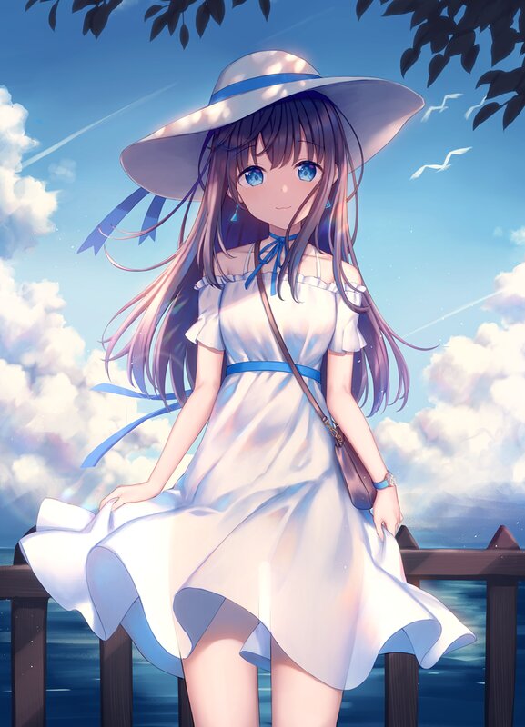 Anime Girl in White Dress — Blue, Serene, Afternoon, Digital Art, Hat, Ocean