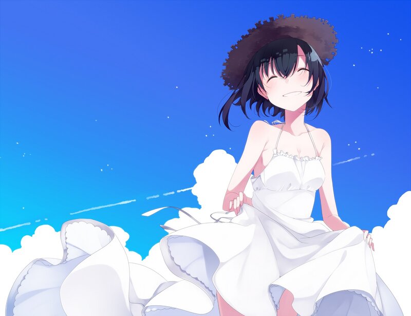 Anime Girl in White Dress — Blue, Serene, Afternoon, Hat, Clouds