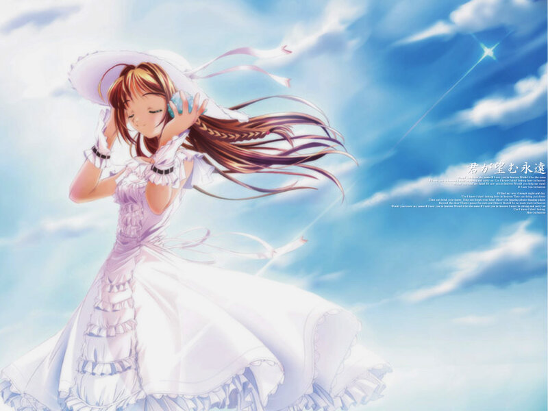 Anime Girl in White Dress — Blue, Serene, Afternoon, Hat