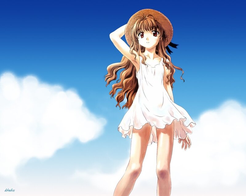 Anime Girl in White Dress — Blue, Serene, Afternoon, Manga