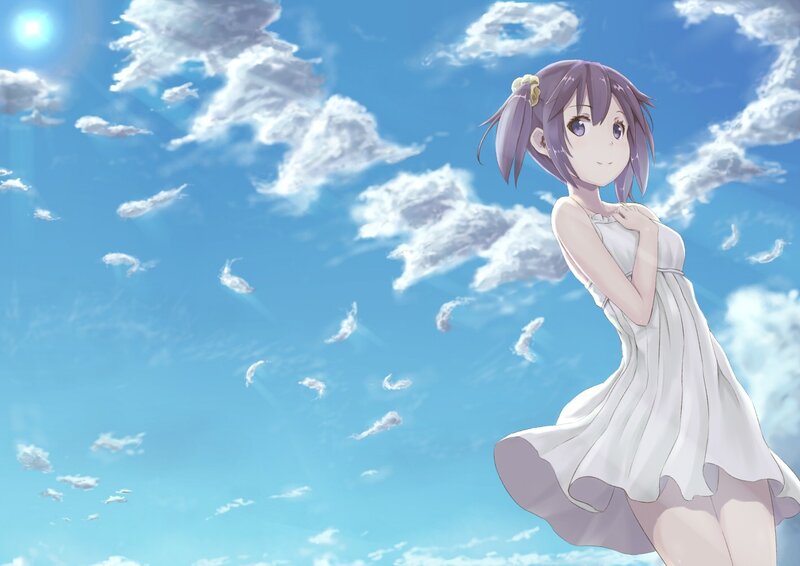 Anime Girl in White Dress — Blue, Serene, Afternoon, Sky, Clouds, Sun