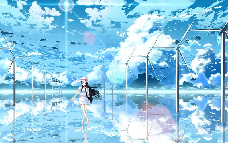 Anime Girl in White Dress — Blue, Serene, Afternoon, Wind Turbines