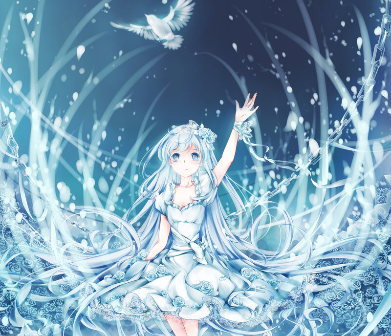 Anime Girl in White Dress — Blue, Serene, Digital Art, Bird