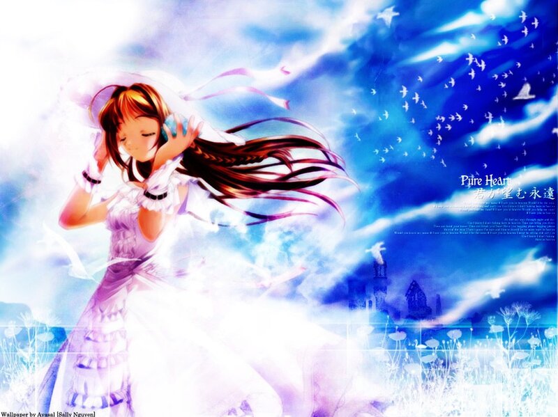 Anime Girl in White Dress — Blue, Serene, Digital Art, Birds