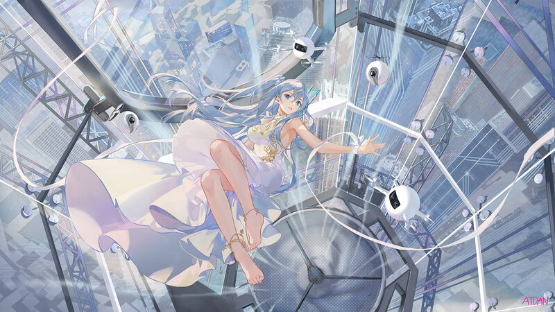 Anime Girl in White Dress — Blue, Serene, Digital Art, Drones