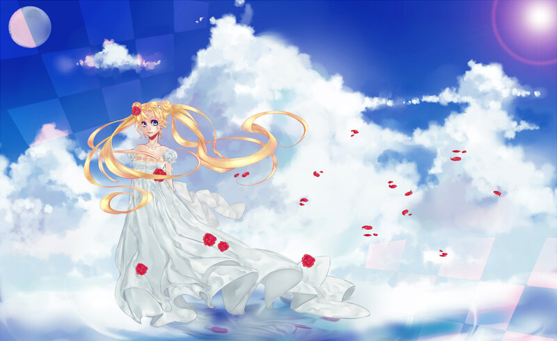 Anime Girl in White Dress — Blue, Serene, Morning