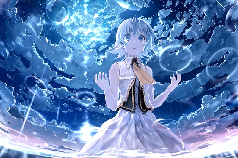 Anime Girl in White Dress — Blue, Serene, Night, Digital Art, Clouds