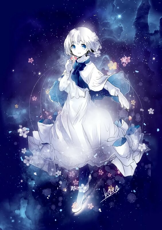 Anime Girl in White Dress — Blue, Serene, Night, Digital Art, Flowers, Stars, Space