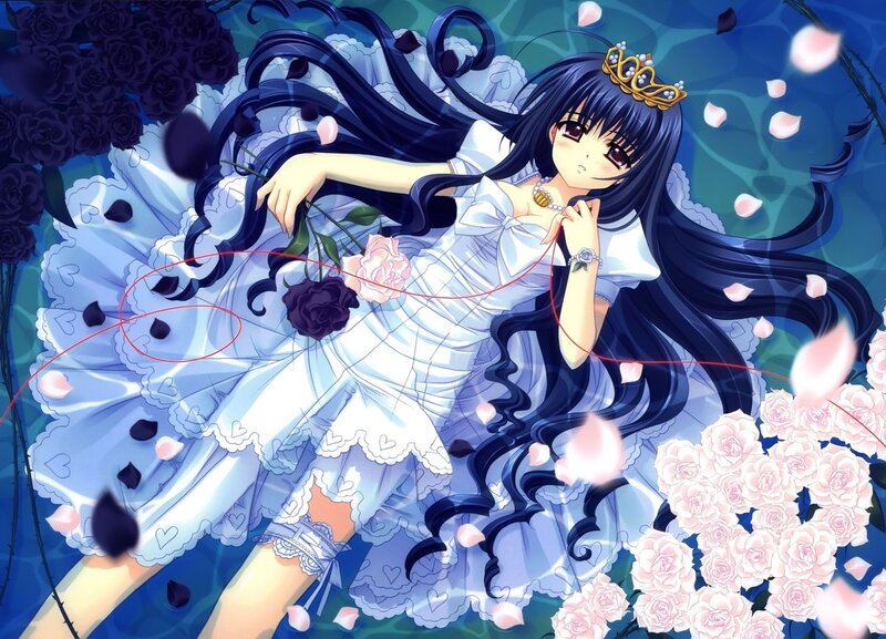 Anime Girl in White Dress — Blue, Serene, Roses
