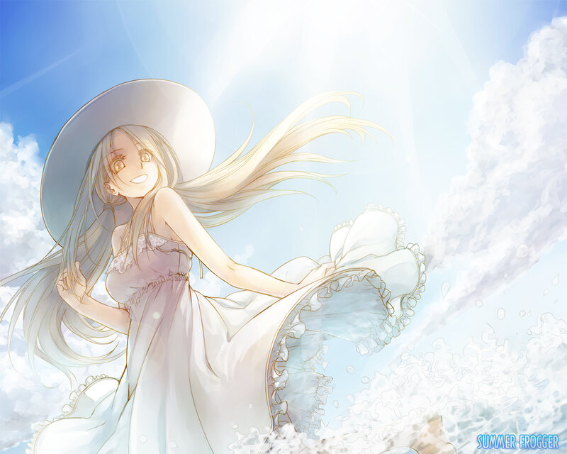 Anime Girl in White Dress — Blue, Serene, Summer