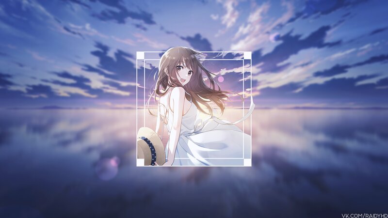 Anime Girl in White Dress — Blue, Serene, Sunset, Hat