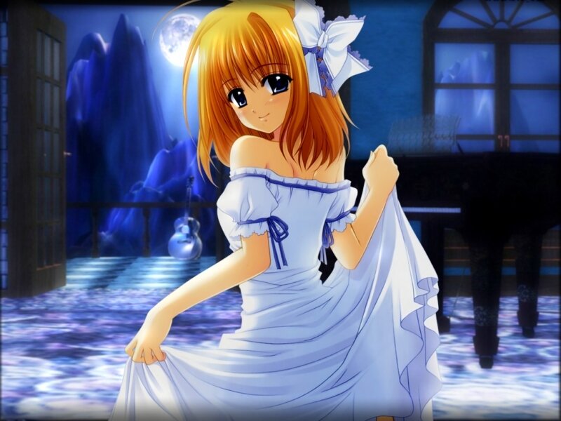 Anime Girl in White Dress — Blue, Serene