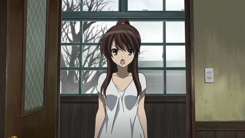 Anime Girl in White Dress — Brown, Surprised