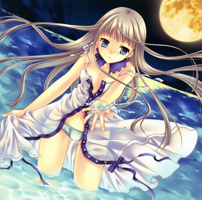 Anime girl in white dress by moonlight