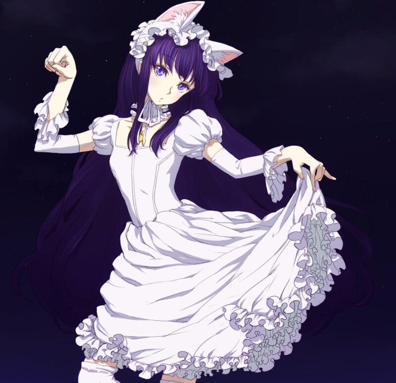Anime Girl in White Dress — Dramatic, Night, Cat Ears