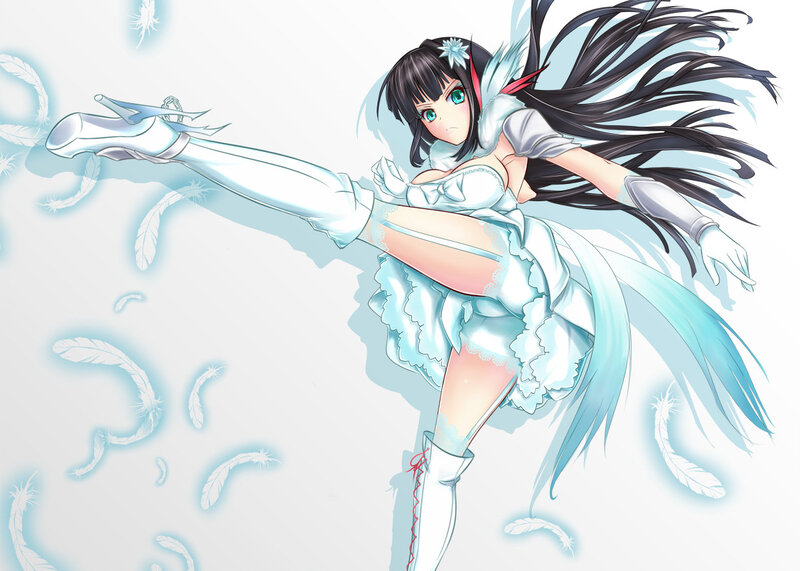 Anime Girl in White Dress — Dynamic, Feathers