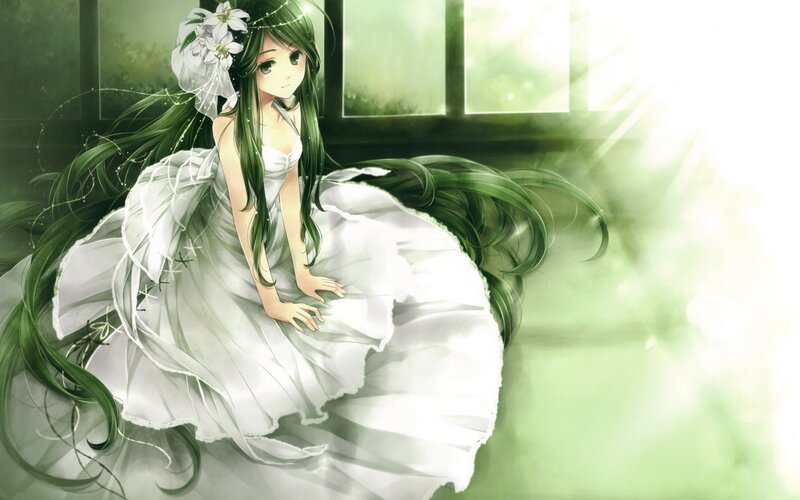 Anime Girl in White Dress — Green, Serene, Morning, Digital Art, Long Green Hair