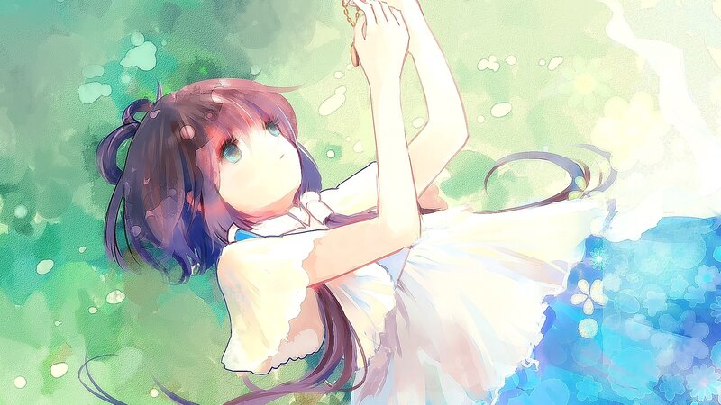 Anime Girl in White Dress — Green, Serene, Spring
