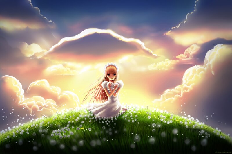 Anime Girl in White Dress — Green, Serene, Sunset