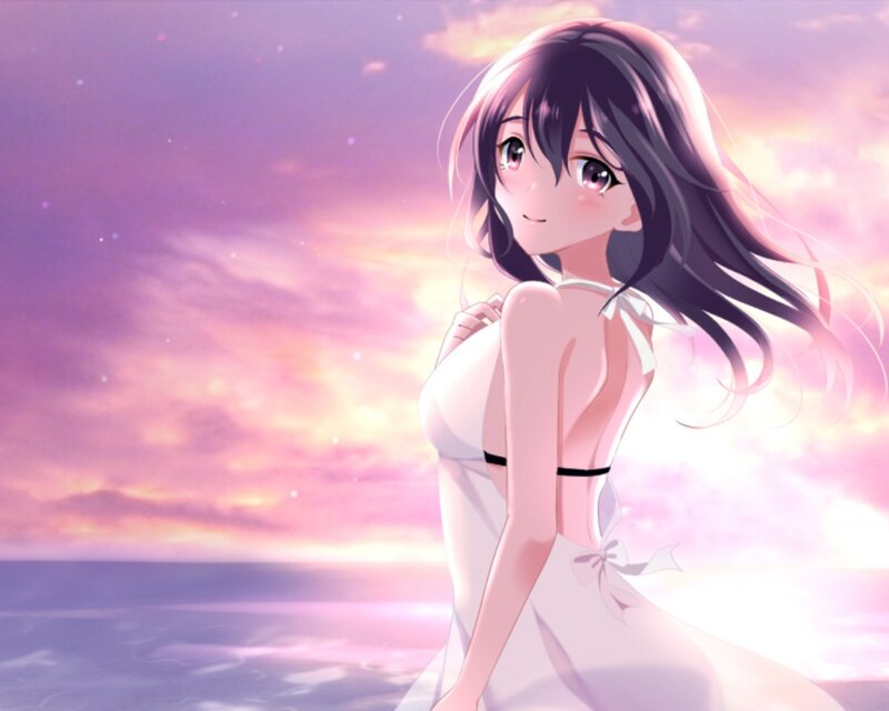 Anime Girl in White Dress — Pink, Serene, Sunset