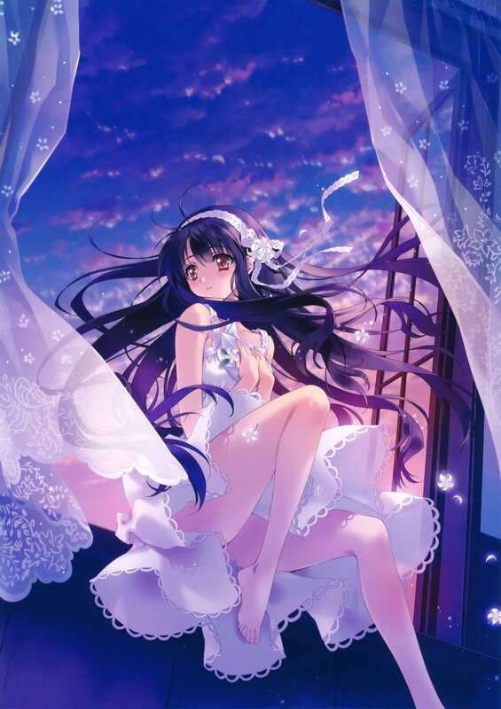 Anime Girl in White Dress — Purple, Serene, Night, Window