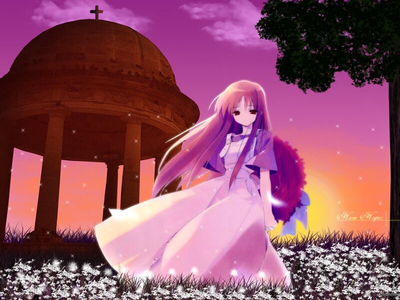 Anime Girl in White Dress — Purple, Serene, Sunset, Dome Structure