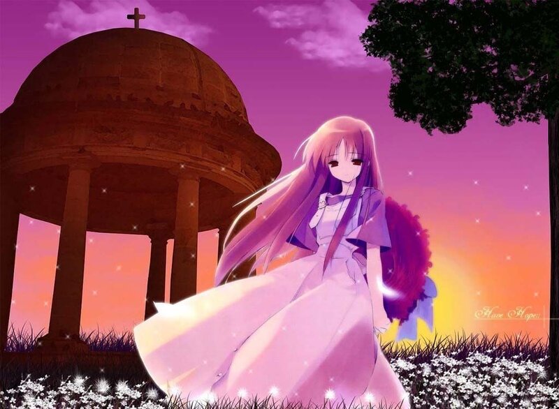 Anime Girl in White Dress — Purple, Serene, Sunset, Dome Structure, Tree