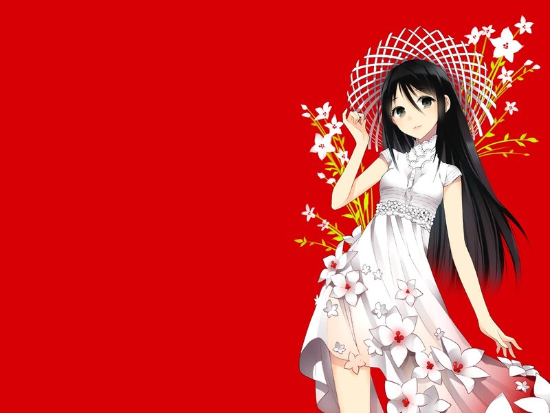 Anime Girl in White Dress — Red, Calm, Flowers