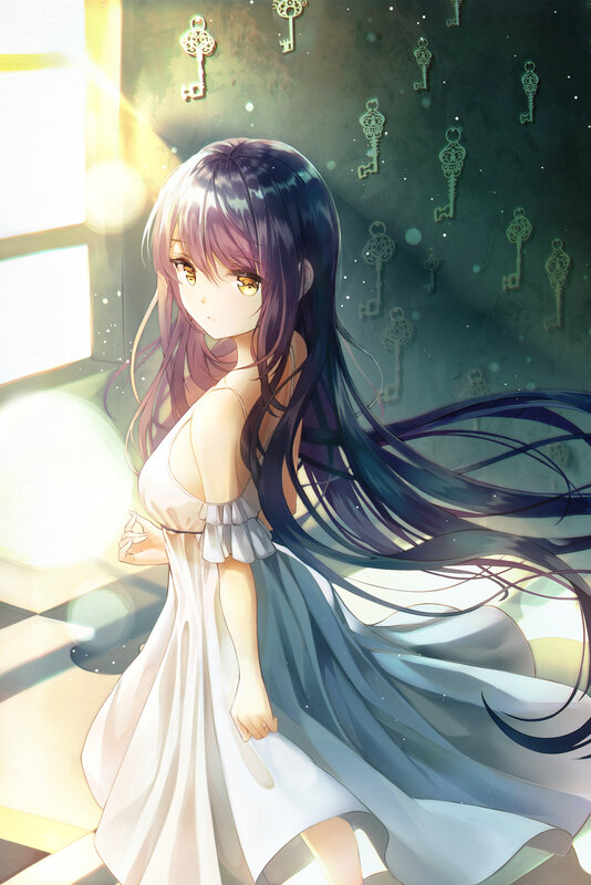Anime Girl in White Dress — Serene, Afternoon, Digital Art, Keys