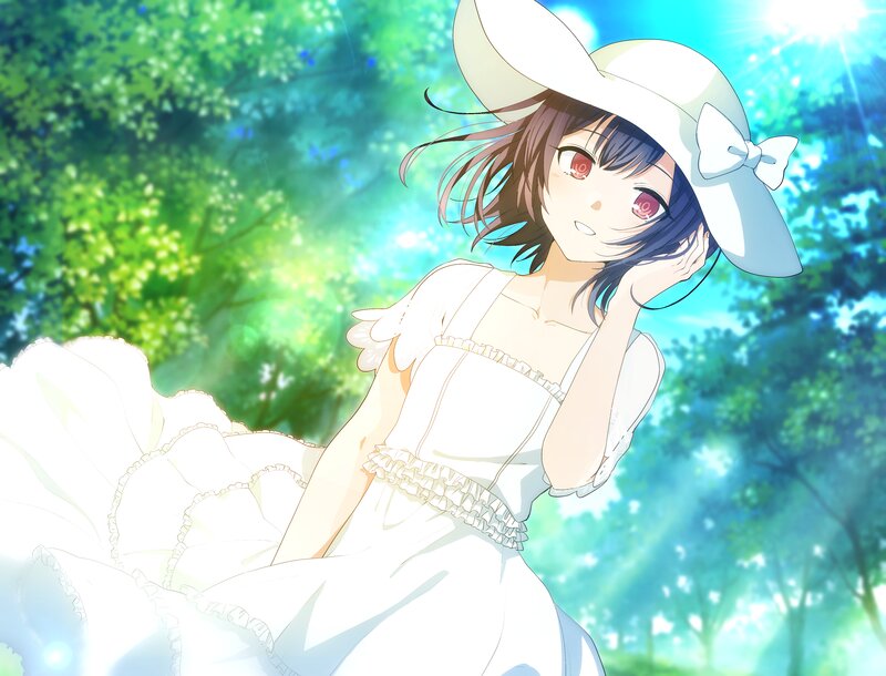 Anime Girl in White Dress — Serene, Afternoon, Hat, Trees